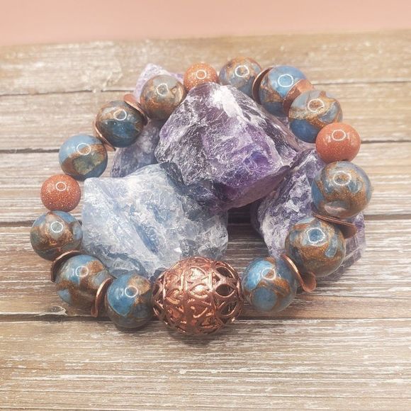 Persephone's Daughter Jewelry - Teal Impression Jasper, Goldstone, and Copper Beaded Bracelet